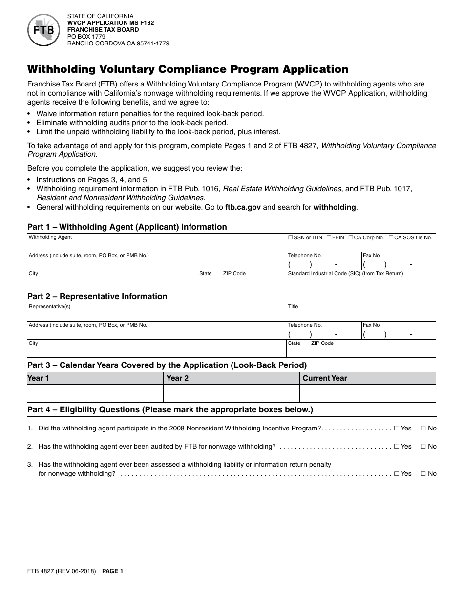 Form FTB4827 Withholding Voluntary Compliance Program Application - California, Page 1