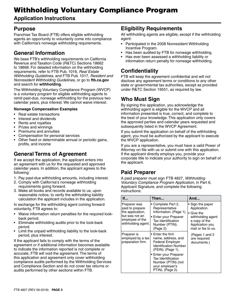 Form FTB4827 Withholding Voluntary Compliance Program Application - California, Page 3