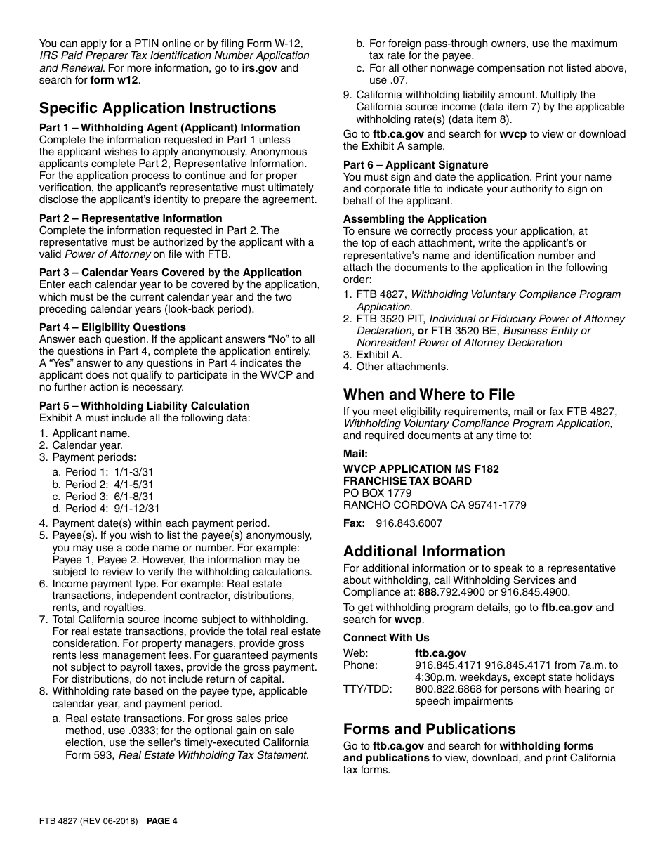 Form FTB4827 Withholding Voluntary Compliance Program Application - California, Page 4