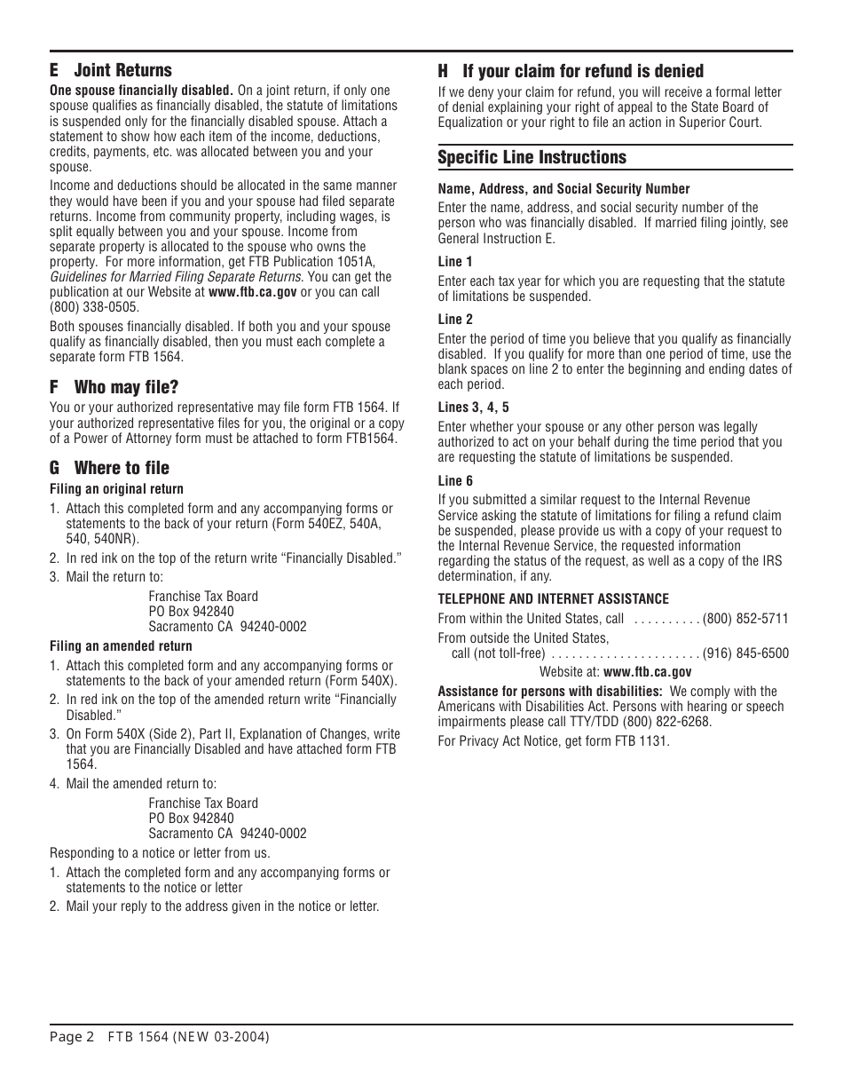 Form FTB1564 Financially Disabled - Suspension of the Statute of Limitations - California, Page 3