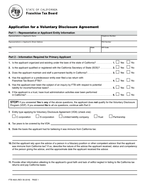 Form FTB4925 Application for a Voluntary Disclosure Agreement - California