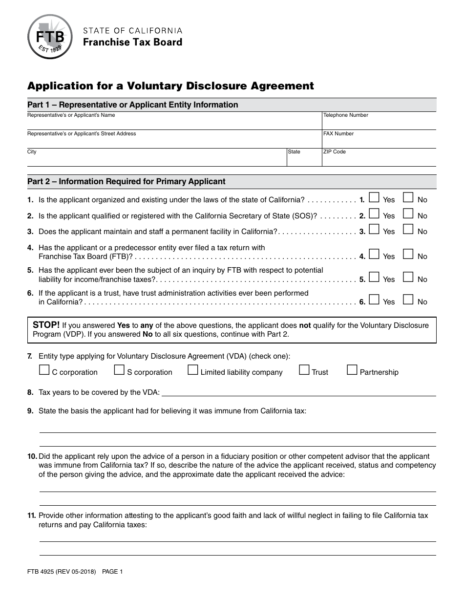 Form FTB4925 Application for a Voluntary Disclosure Agreement - California, Page 1