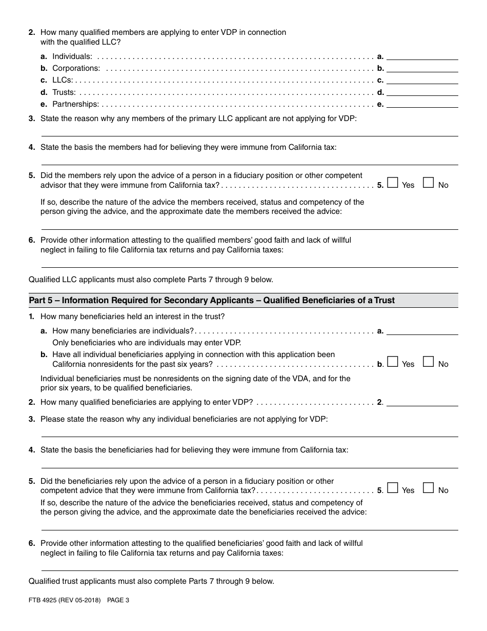 Form FTB4925 Application for a Voluntary Disclosure Agreement - California, Page 3