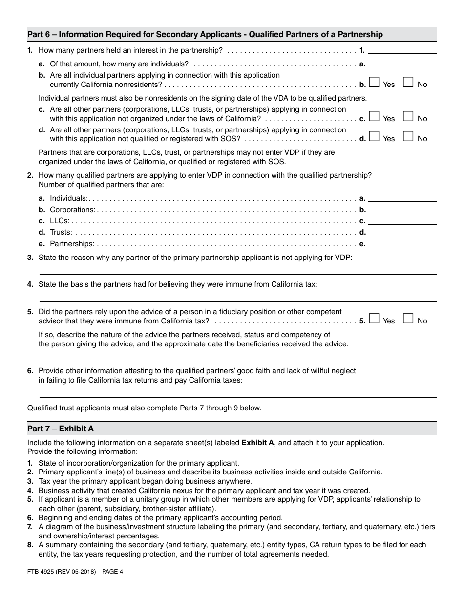 Form FTB4925 Application for a Voluntary Disclosure Agreement - California, Page 4