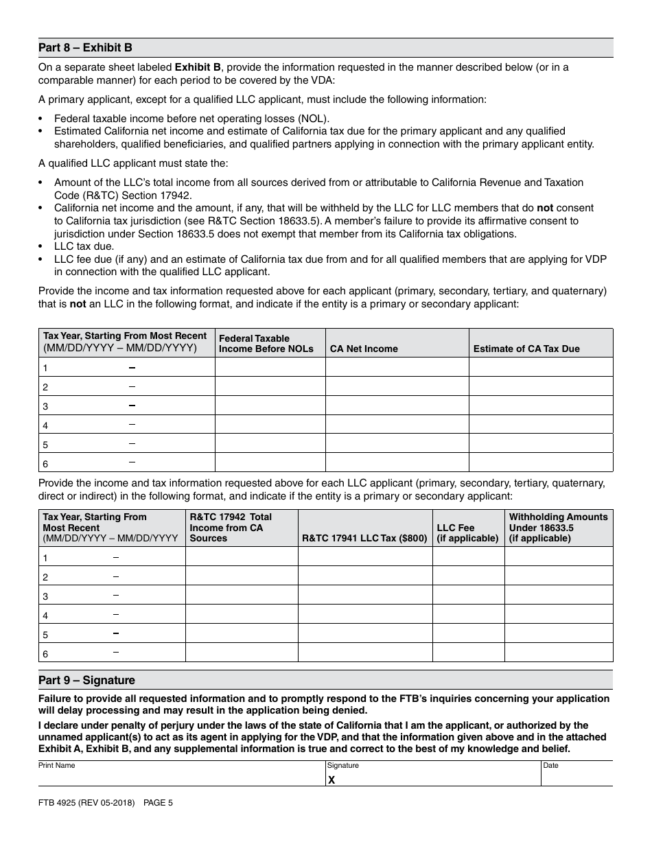 Form FTB4925 Application for a Voluntary Disclosure Agreement - California, Page 5
