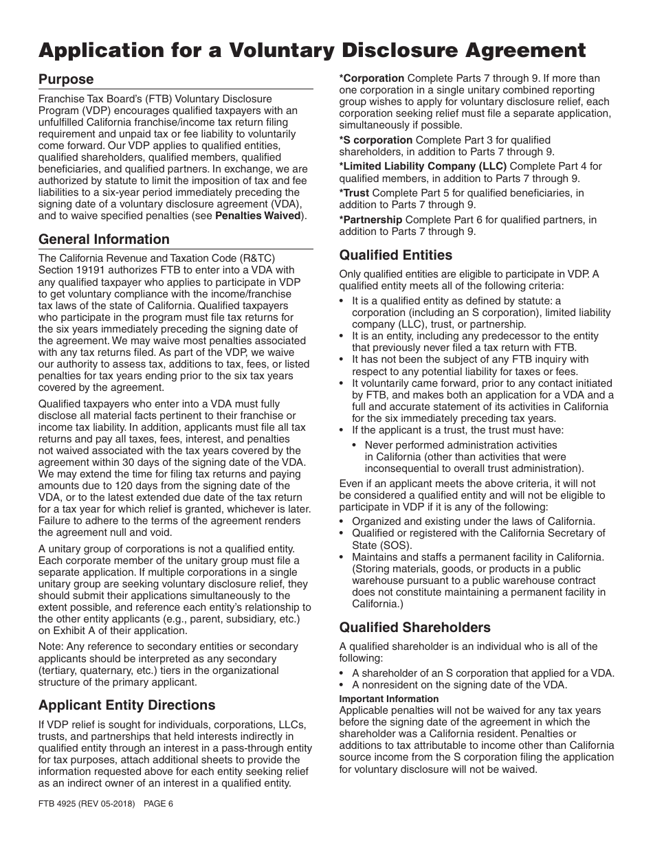 Form FTB4925 Application for a Voluntary Disclosure Agreement - California, Page 6