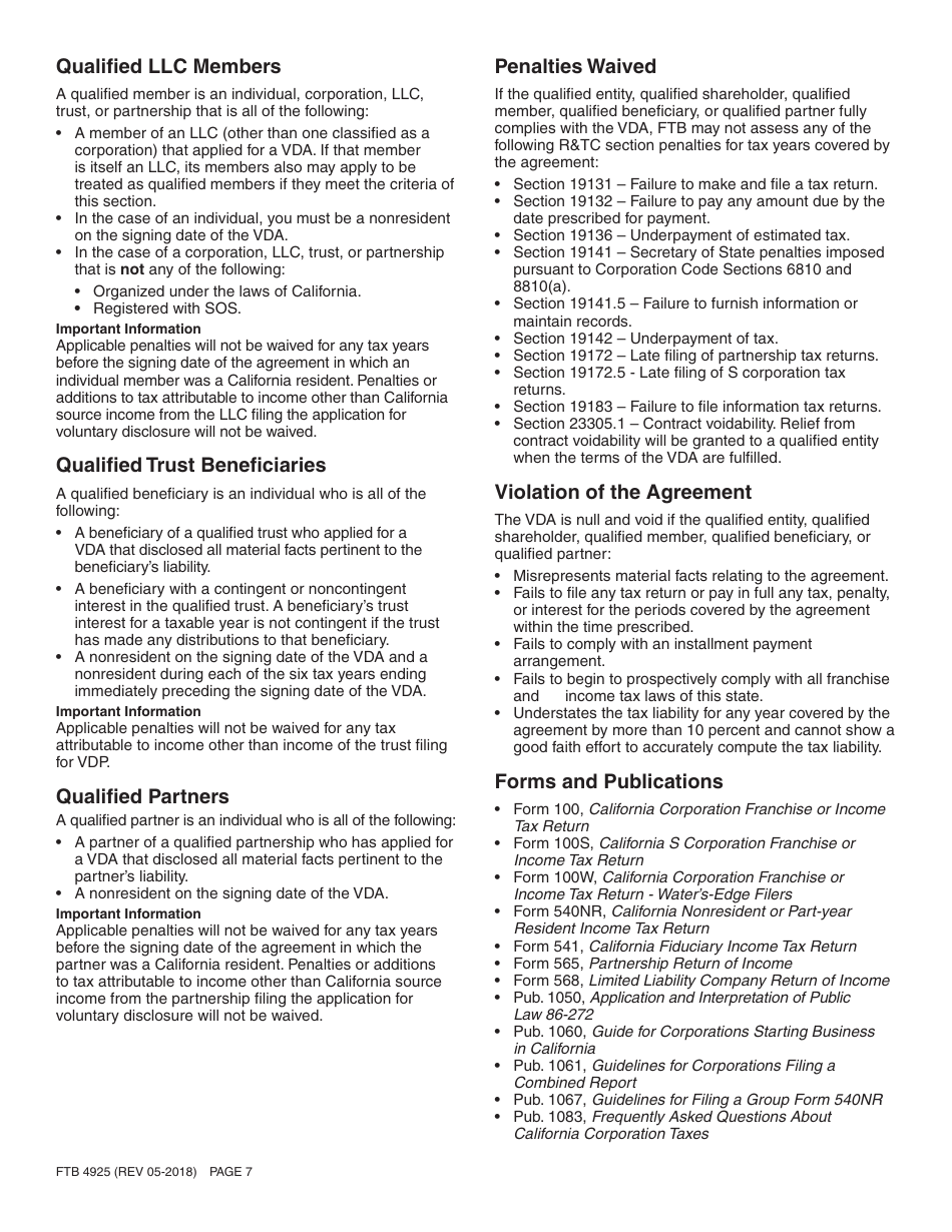 Form FTB4925 Application for a Voluntary Disclosure Agreement - California, Page 7