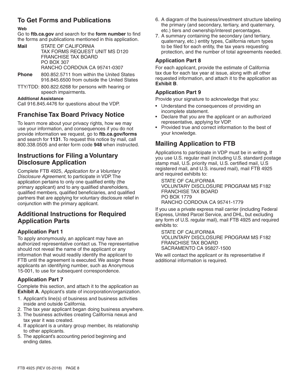 Form FTB4925 Application for a Voluntary Disclosure Agreement - California, Page 8