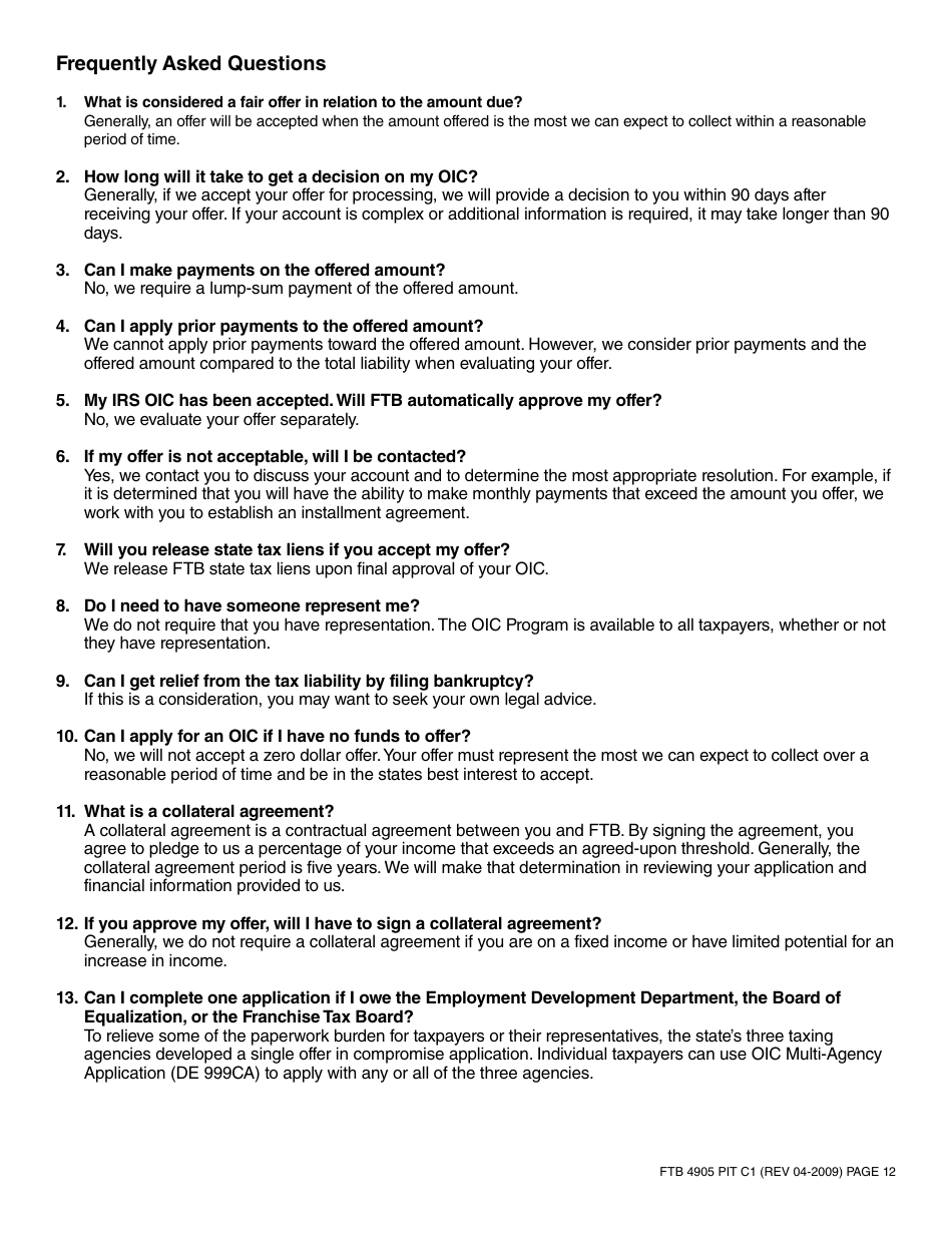 Form FTB4905 PIT Offer in Compromise Application Form - California, Page 15