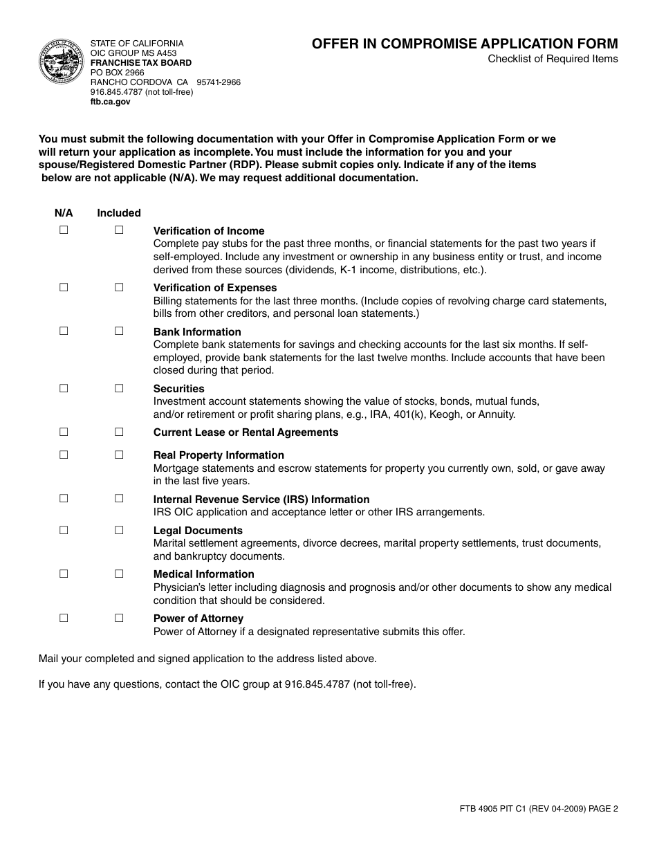 Form FTB4905 PIT Offer in Compromise Application Form - California, Page 5