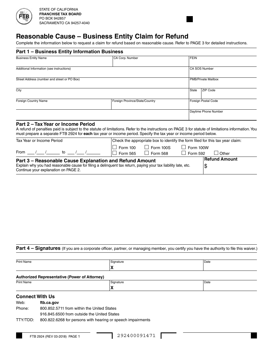 Form FTB2924 Reasonable Cause - Business Entity Claim for Refund - California, Page 1
