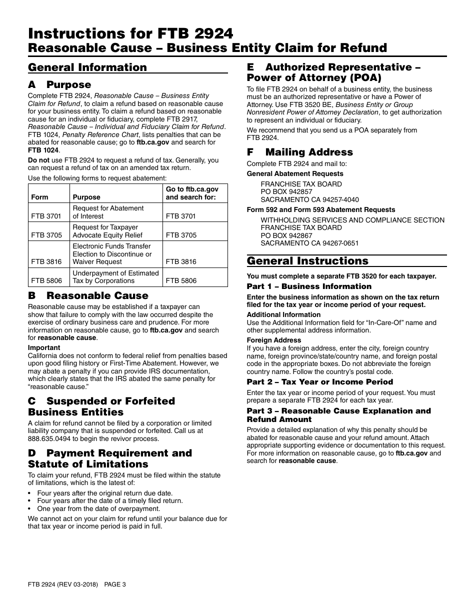 Form FTB2924 Reasonable Cause - Business Entity Claim for Refund - California, Page 3