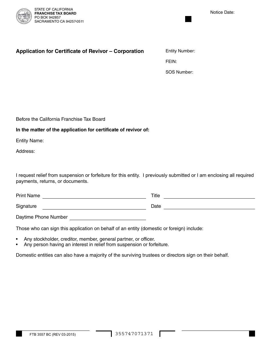 Form FTB3557 BC Application for Certificate of Revivor - Corporation - California, Page 1