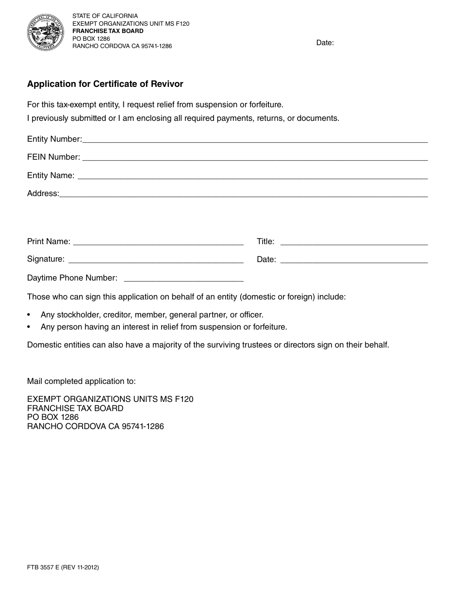 Form FTB3557 E Application for Certificate of Revivor - California, Page 1