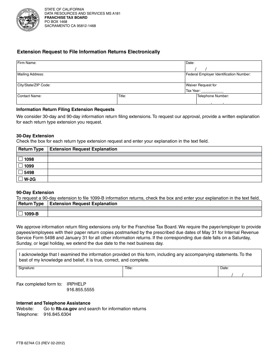Form FTB6274A Extension Request to File Information Returns Electronically - California, Page 1