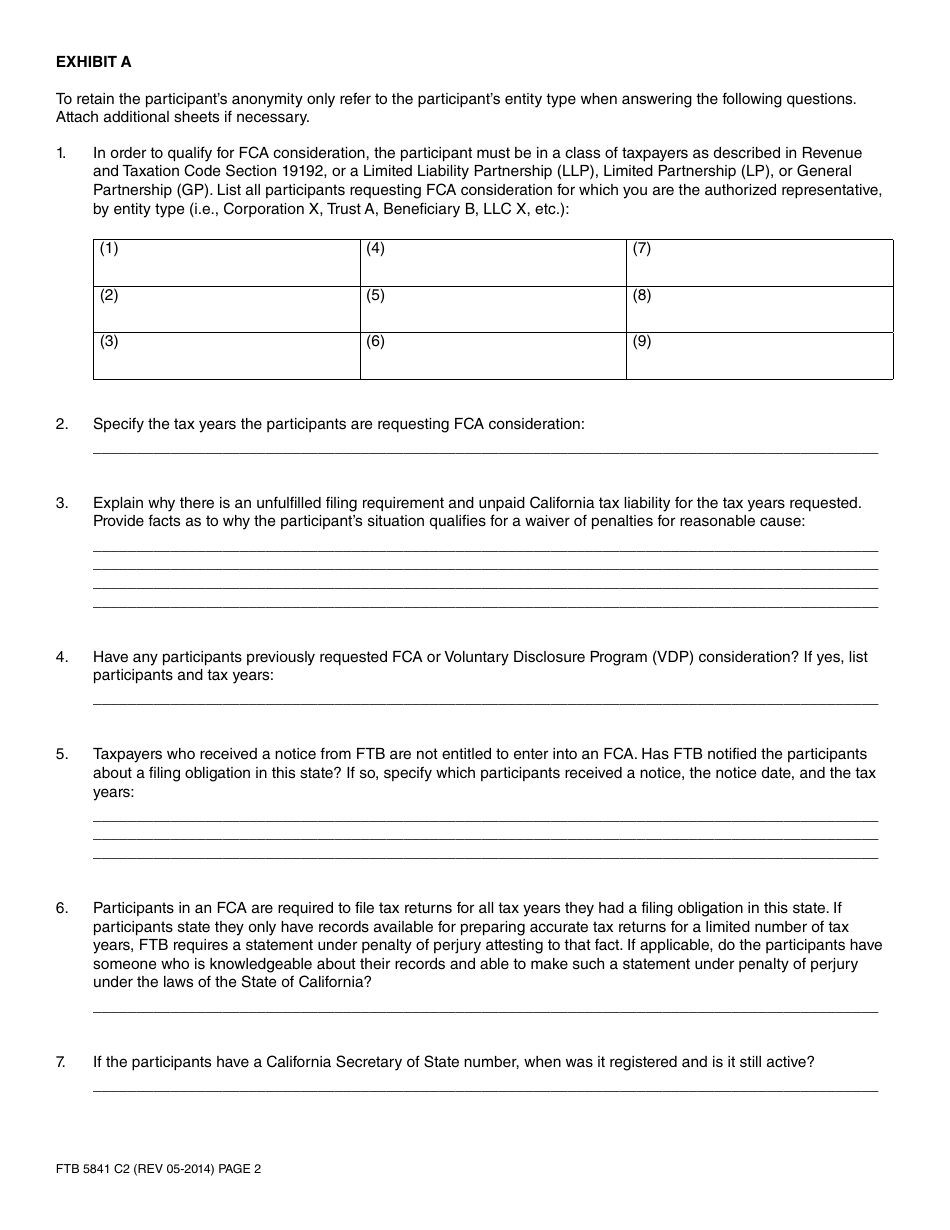 Form FTB5841 Request for Filing Compliance Agreement - California, Page 2