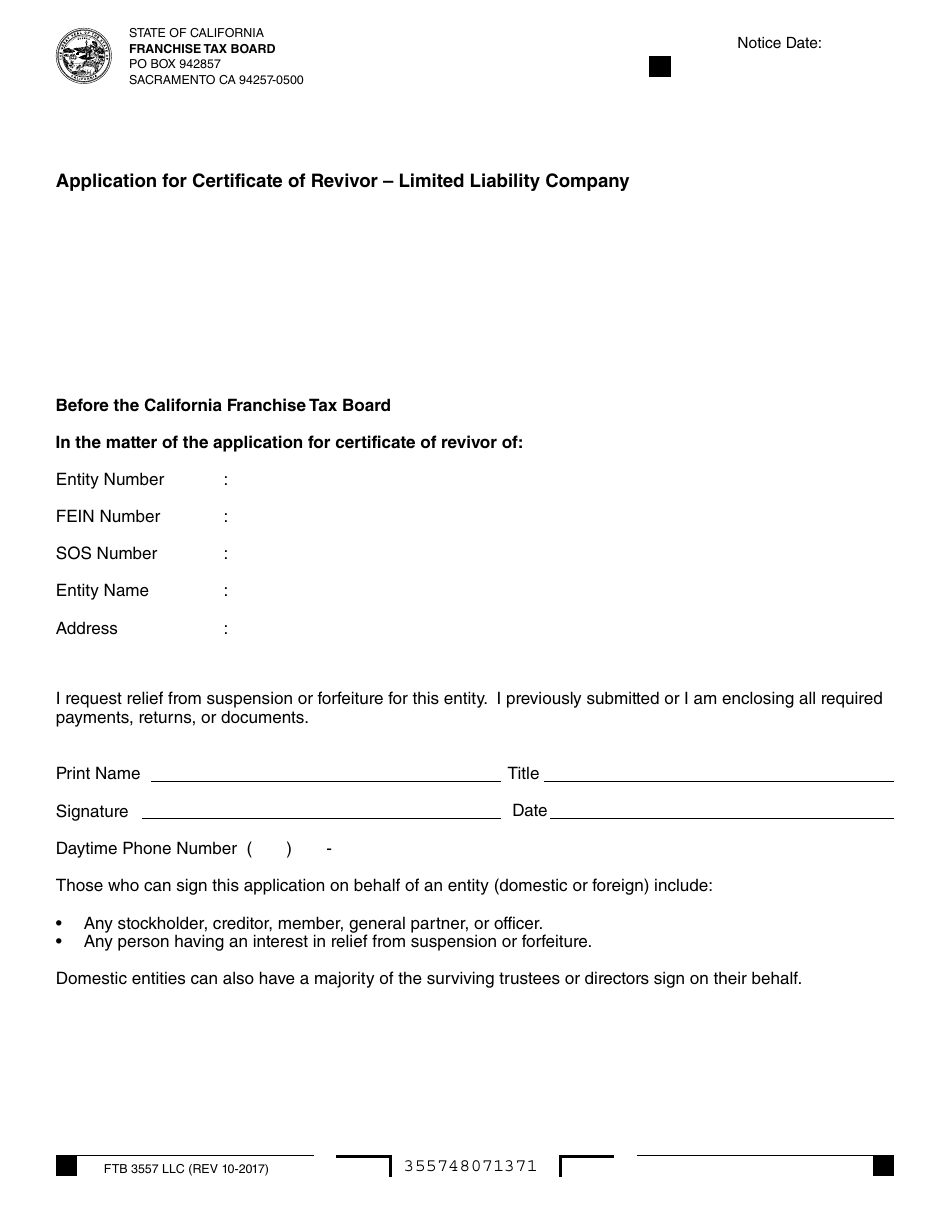 Form Ftb3557 Llc Download Fillable Pdf Or Fill Online Application For Certificate Of Revivor Limited Liability Company California Templateroller