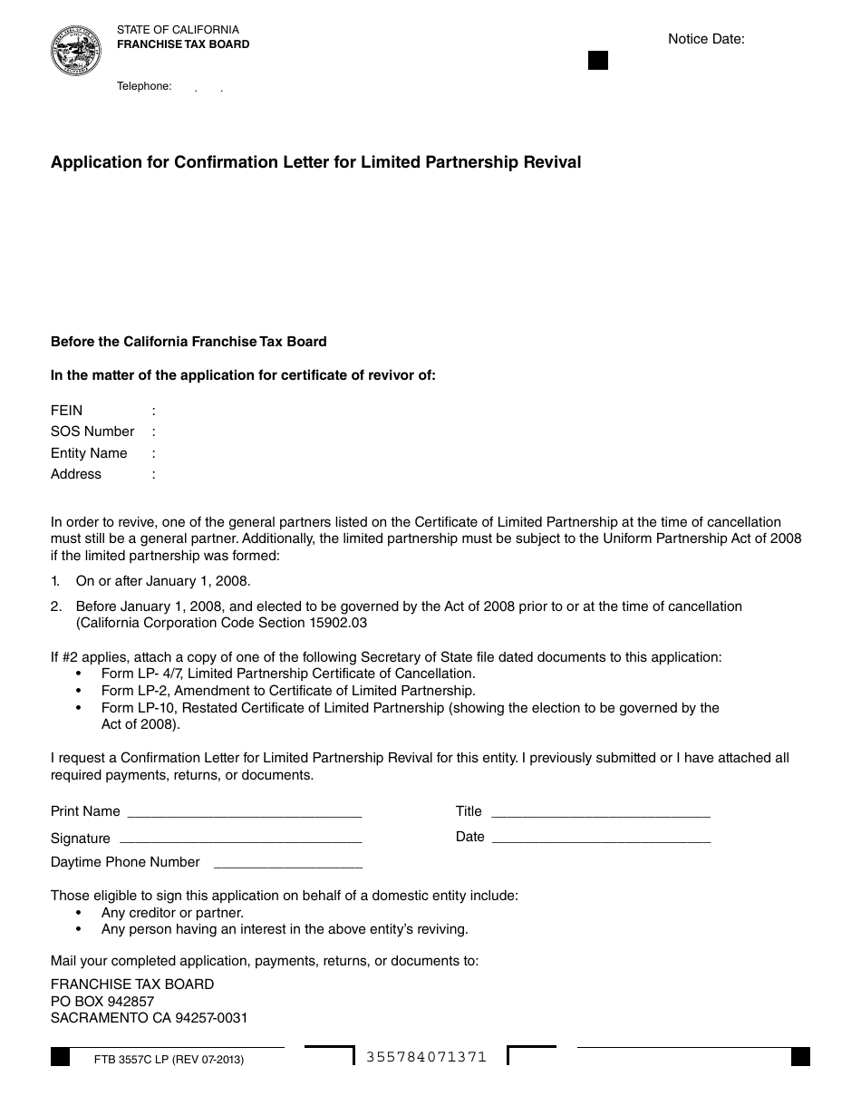 Form FTB3557C LP Application for Confirmation Letter for Limited Partnership Revival - California, Page 1