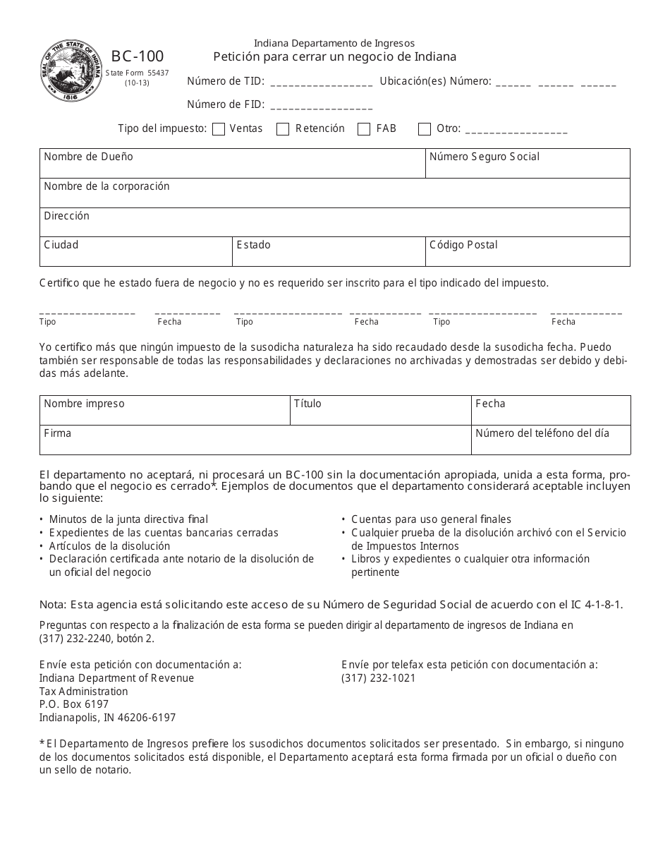 Formulario del Estado 55437 (BC-100) Peticion Para Cerrar Un Negocio De Indiana - Indiana (Spanish), Page 1