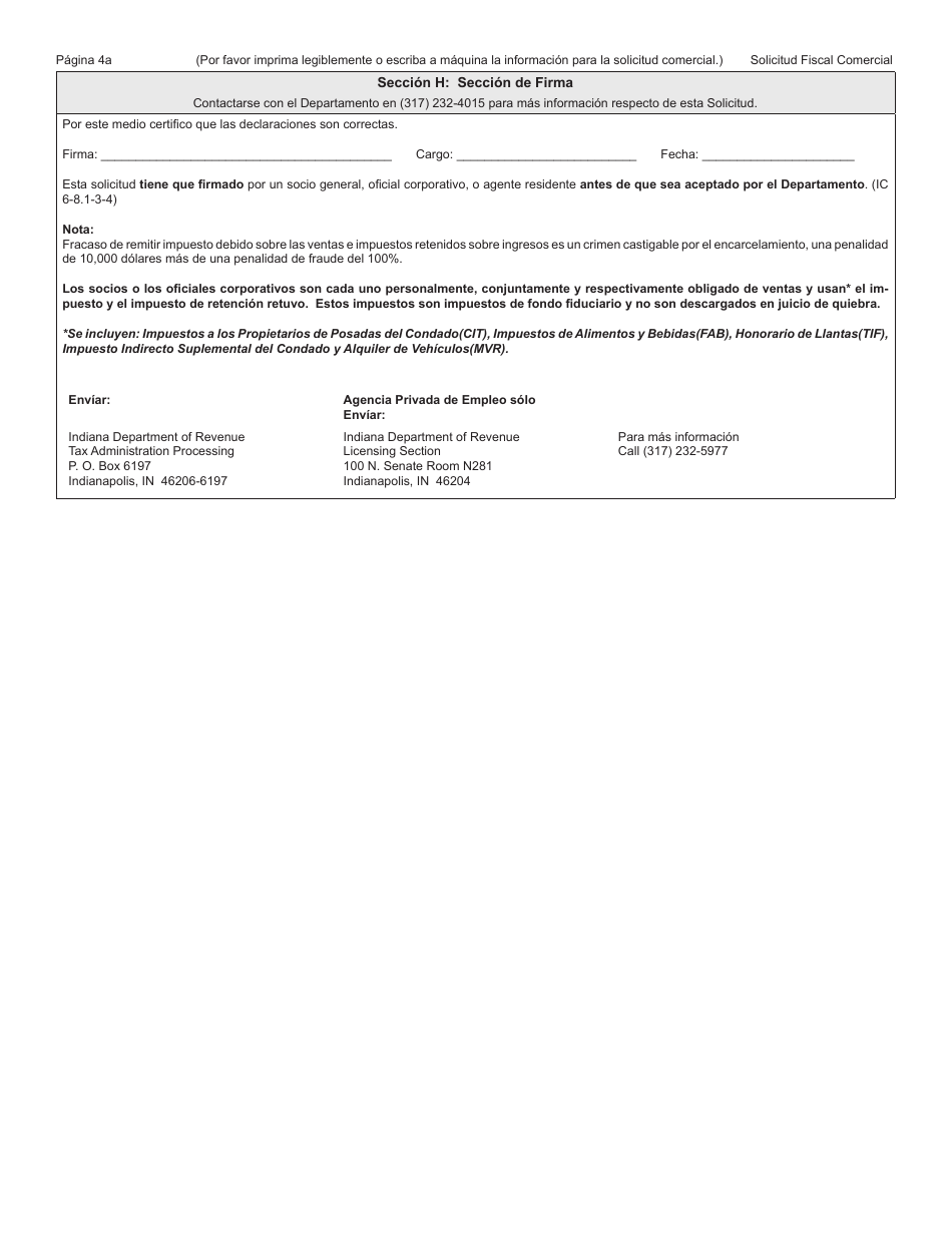 Formulario del Estado 56152 (BT-1) Solicitud Fiscal Comercial - Indiana (Spanish), Page 4