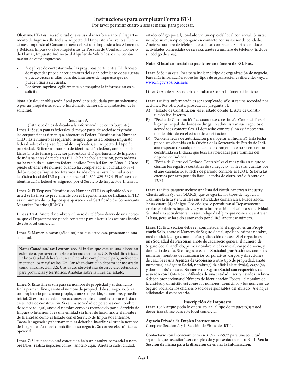 Formulario del Estado 56152 (BT-1) Solicitud Fiscal Comercial - Indiana (Spanish), Page 5