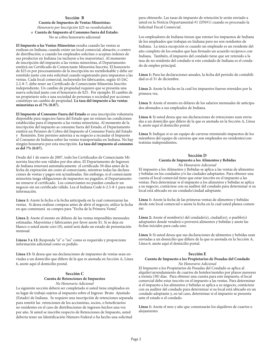 Formulario del Estado 56152 (BT-1) Solicitud Fiscal Comercial - Indiana (Spanish), Page 6