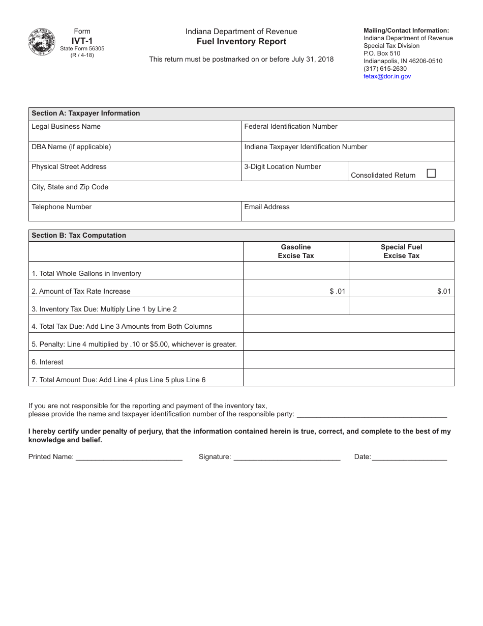 State Form 56305 (IVT-1) Fuel Inventory Report - Indiana, Page 1
