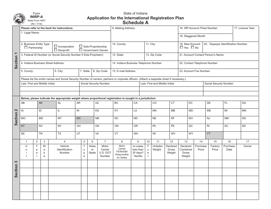 State Form 4947 (INIRP-A) Schedule A Application for the International Registration Plan - Indiana, Page 1