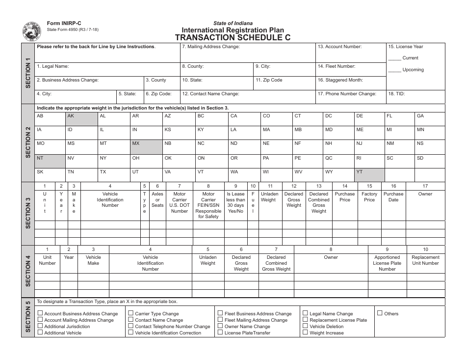 State Form 4950 (INIRP-C) Schedule C International Registration Plan - Indiana, Page 1