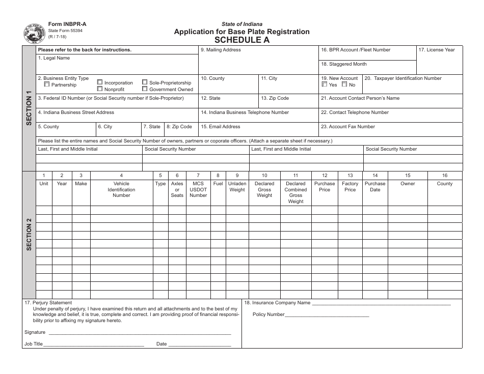 State Form 55394 (INBPR-A) Schedule A Application for Base Plate Registration - Indiana, Page 1