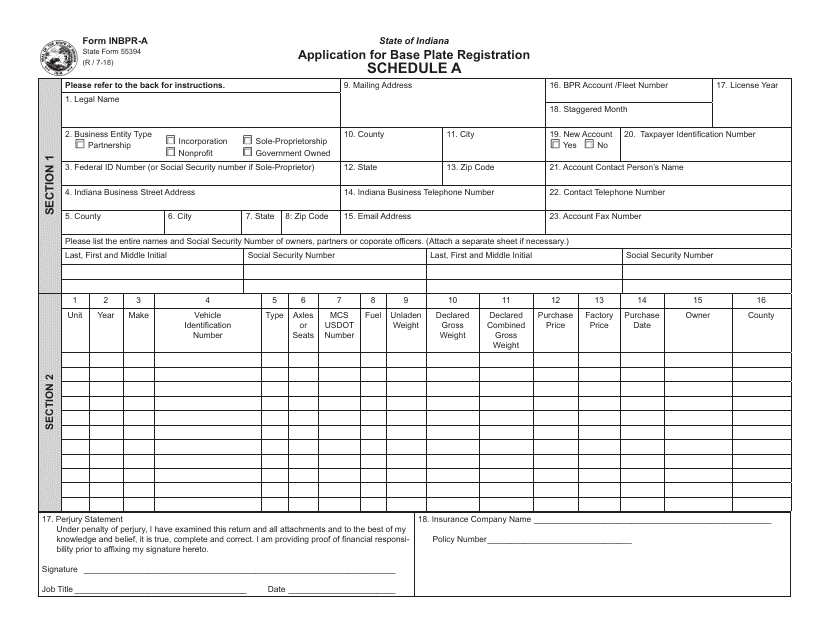State Form 55394 (INBPR-A) Schedule A Application for Base Plate Registration - Indiana