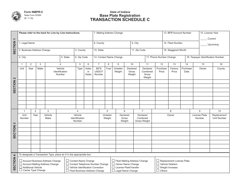 State Form 55395 (INBPR-C) Schedule C Base Plate Registration - Indiana, Page 1