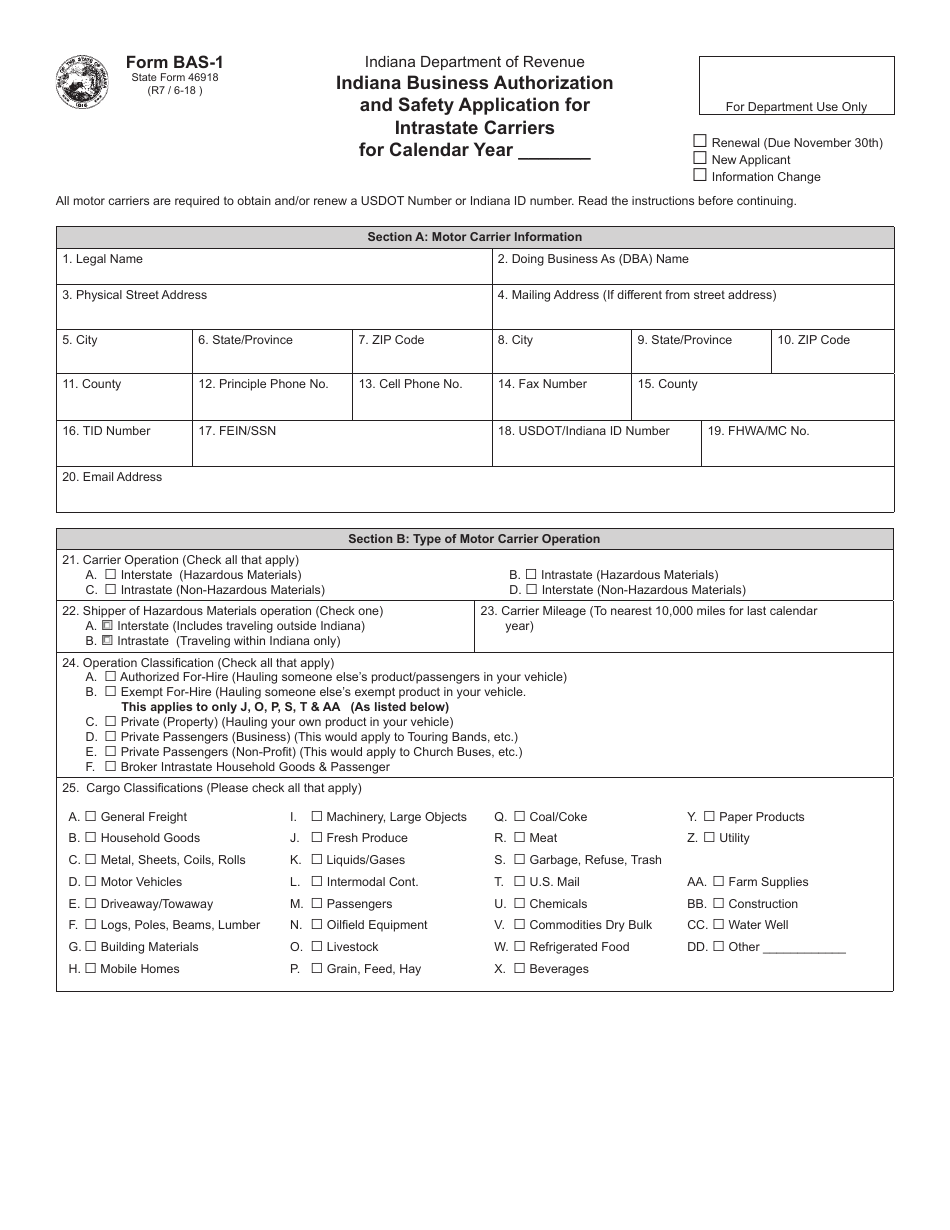 State Form 46918 (BAS-1) Indiana Business Authorization and Safety Application for Intrastate Carriers - Indiana, Page 1