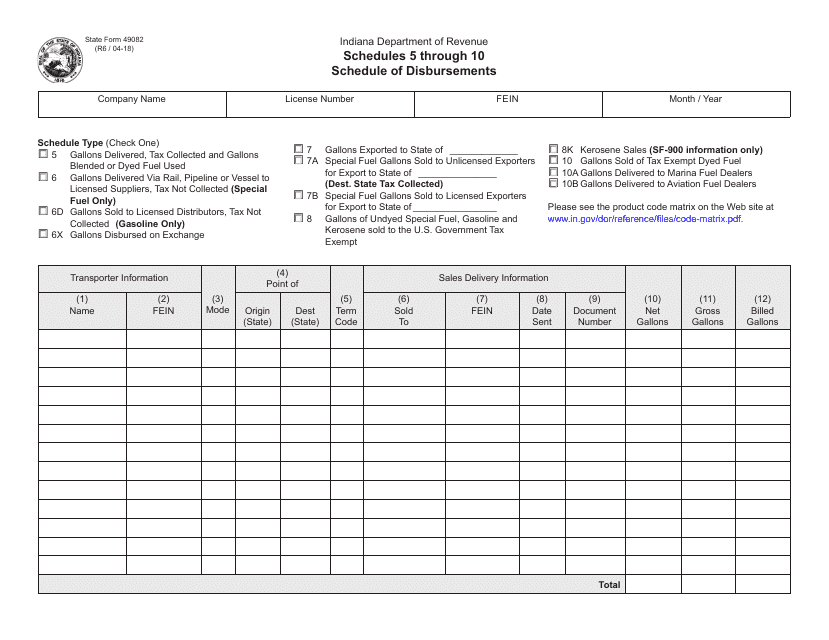 State Form 49082 Schedule 10, 10A, 10B, 5, 6, 6D, 6X, 7, 7A, 7B, 8, 8K Schedule of Disbursements - Indiana