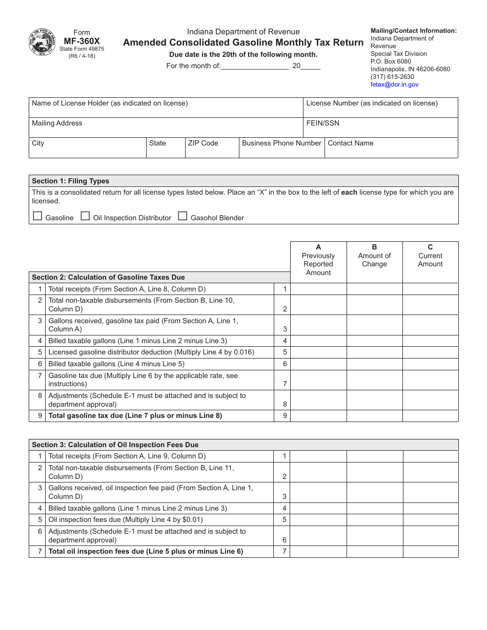 State Form 49875 (MF-360X) Amended Consolidated Gasoline Monthly Tax Return - Indiana, Page 1