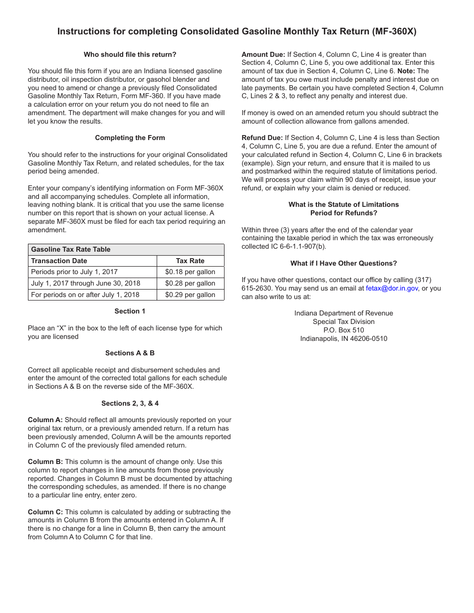 State Form 49875 (MF-360X) Amended Consolidated Gasoline Monthly Tax Return - Indiana, Page 4