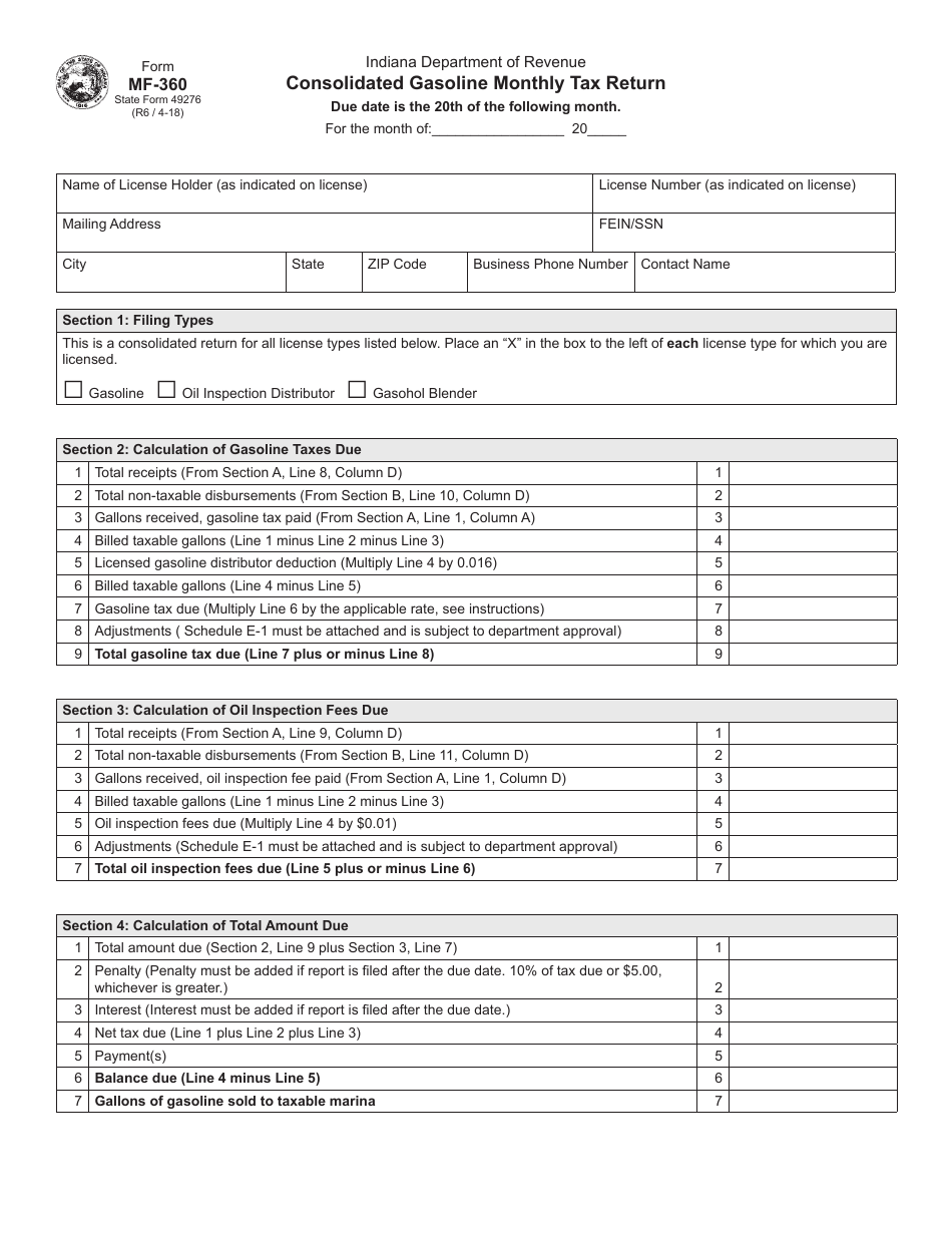 State Form 49276 (MF-360) Consolidated Gasoline Monthly Tax Return - Indiana, Page 1