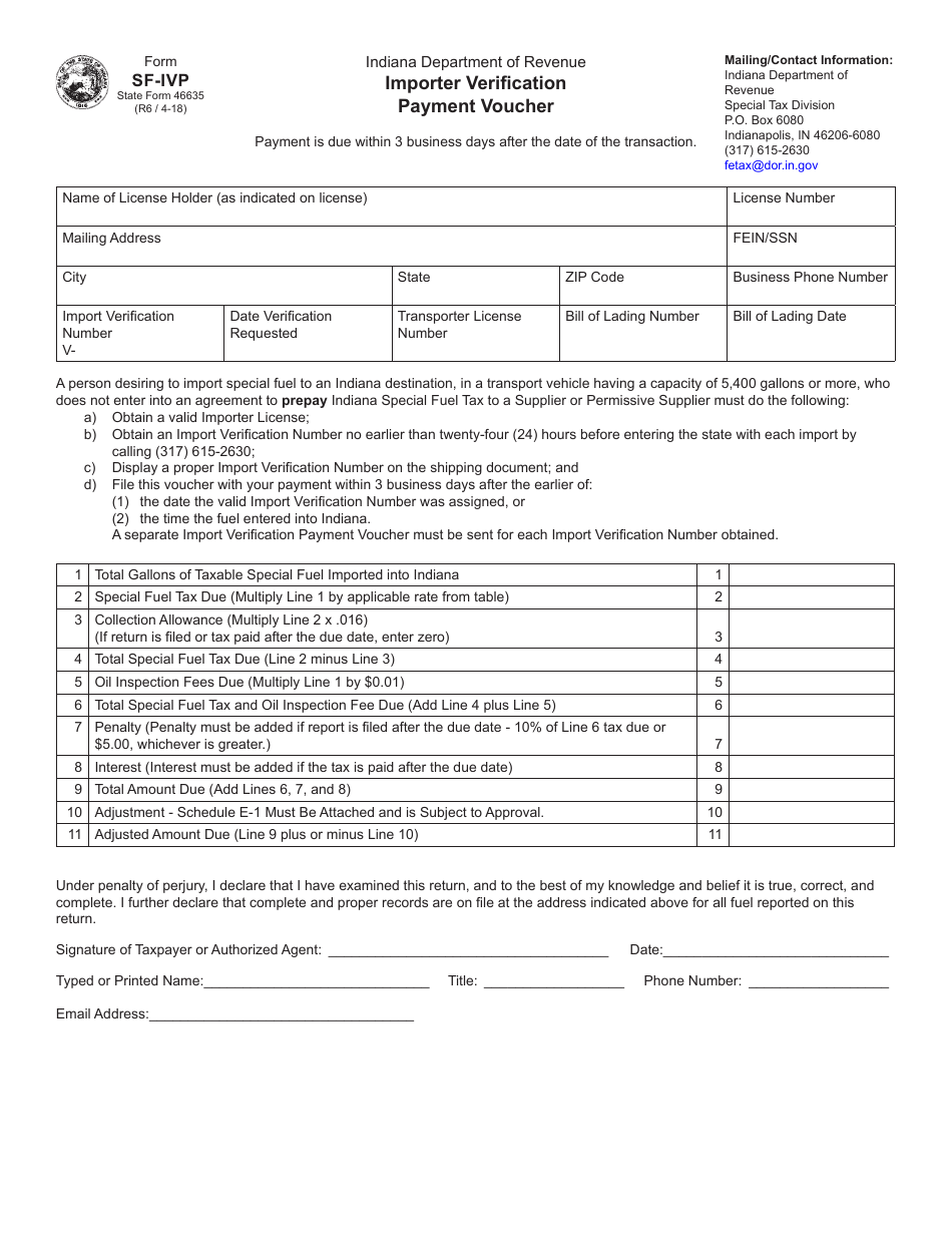 State Form 46635 (SF-IVP) Importer Verification Payment Voucher - Indiana, Page 1
