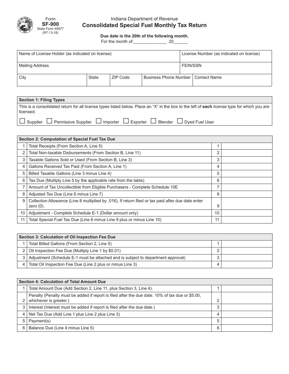 State Form 49877 (SF-900) Consolidated Special Fuel Monthly Tax Return - Indiana, Page 1