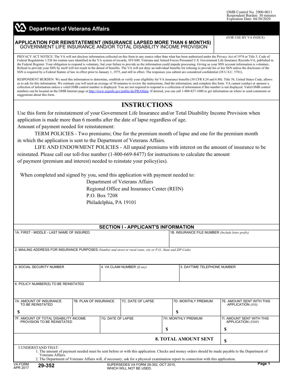 VA Form 29-352 Application for Reinstatement (Insurance Lapsed More Than 6 Months) - Government Life Insurance and / or Total Disability Income Provision, Page 1