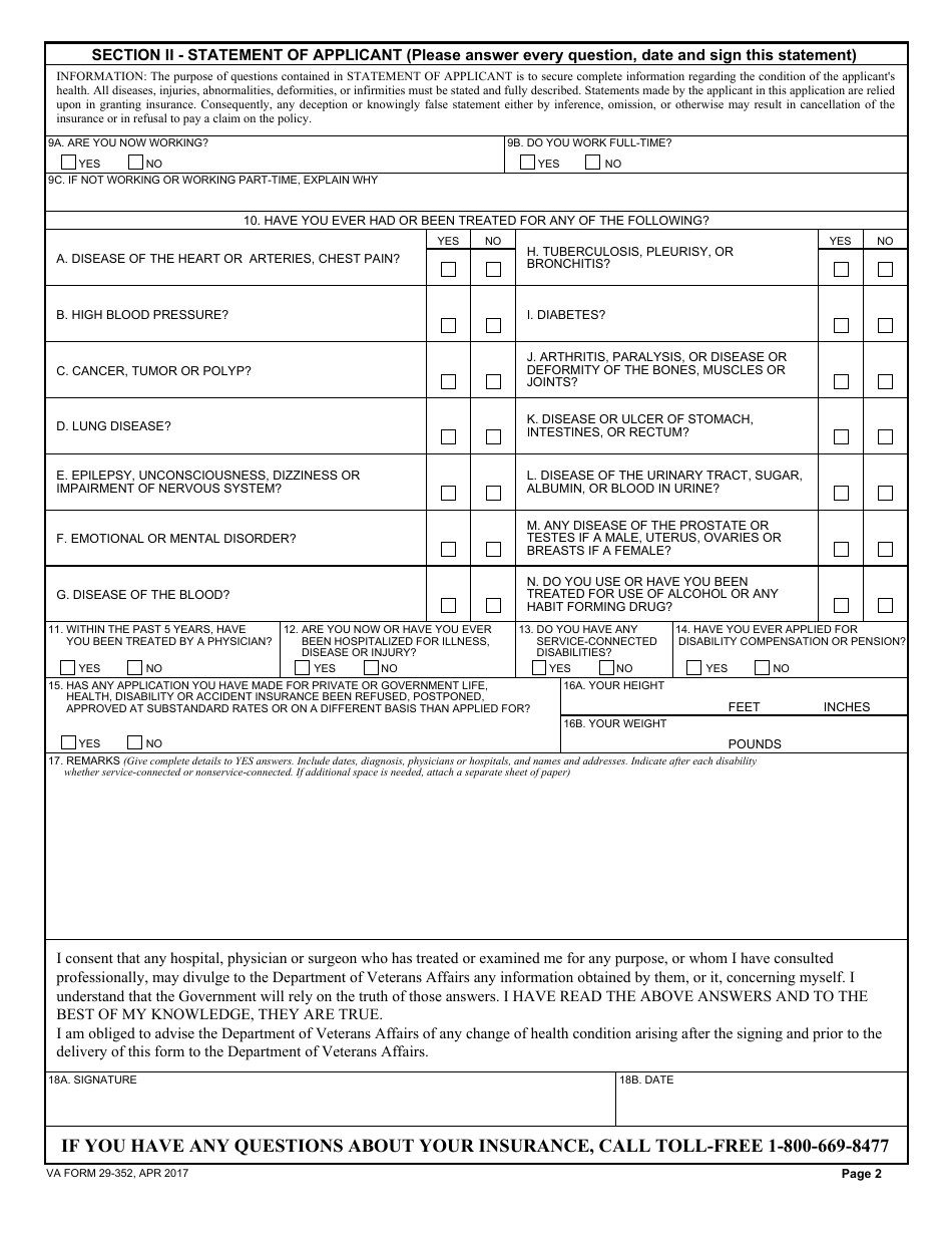VA Form 29-352 Application for Reinstatement (Insurance Lapsed More Than 6 Months) - Government Life Insurance and / or Total Disability Income Provision, Page 2