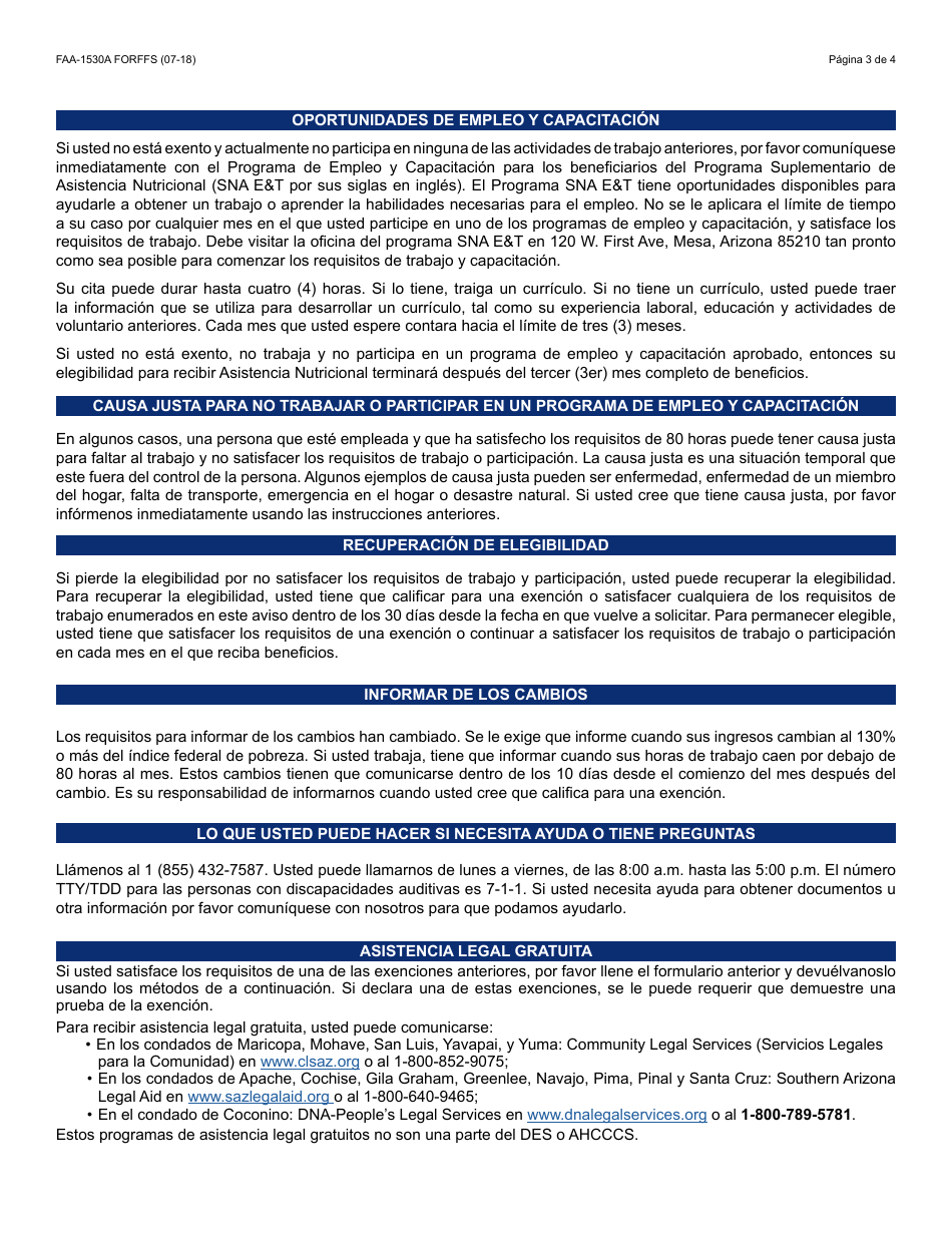 Formulario FAA-1530A FORFFS Aviso De Recomendacion Y Participacion De Abawd - Arizona (Spanish), Page 3