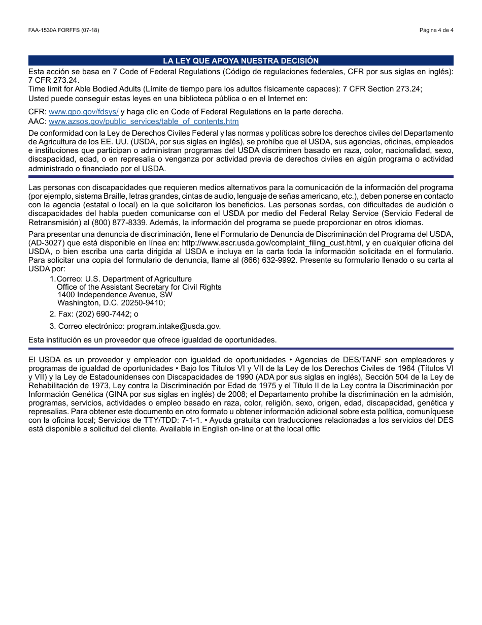 Formulario FAA-1530A FORFFS Aviso De Recomendacion Y Participacion De Abawd - Arizona (Spanish), Page 4
