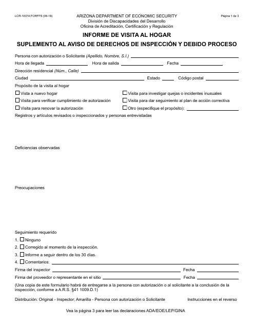 Formulario LCR-1007A FORFFS Informe De Visita Al Hogar Suplemento Al Aviso De Derechos De Inspeccion Y Debido Proceso - Arizona (Spanish)