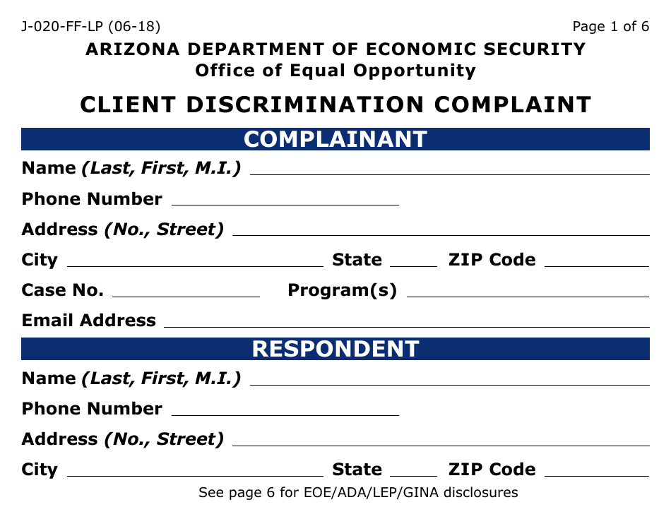Form J-020-FF-LP Client Discrimination Complaint - Arizona, Page 1