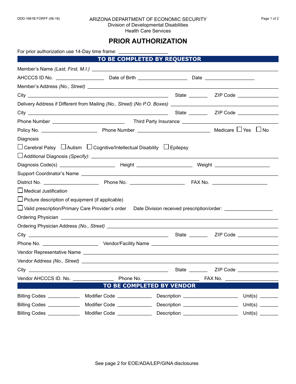 Form DDD-1661B Prior Authorization - Arizona, Page 1