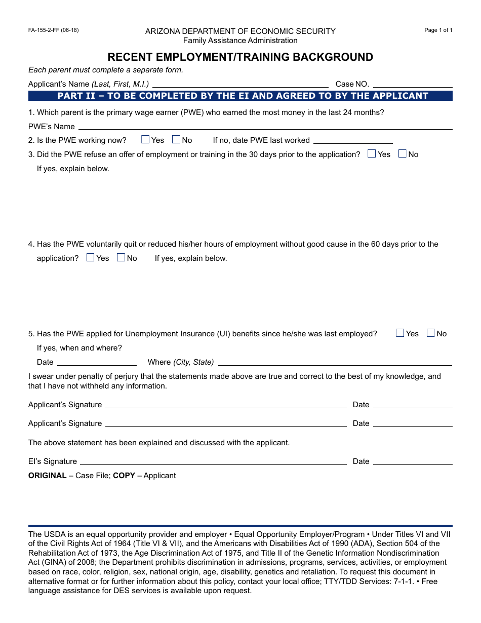 Form FA-155-2-FF Recent Employment / Training Background - Arizona, Page 1