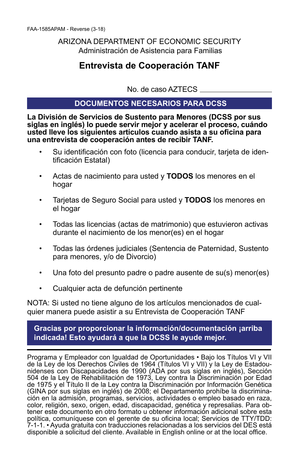 Form FAA-1585APAM TANF Pre-cooperation Interview - Arizona, Page 2