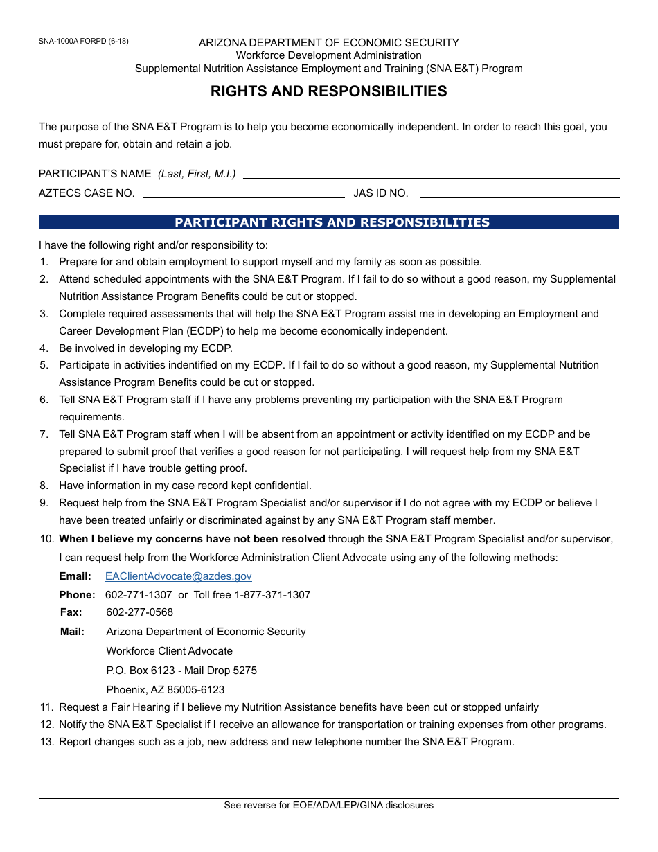 Form SNA-100A FORPD Rights and Responsibilities - Arizona, Page 1