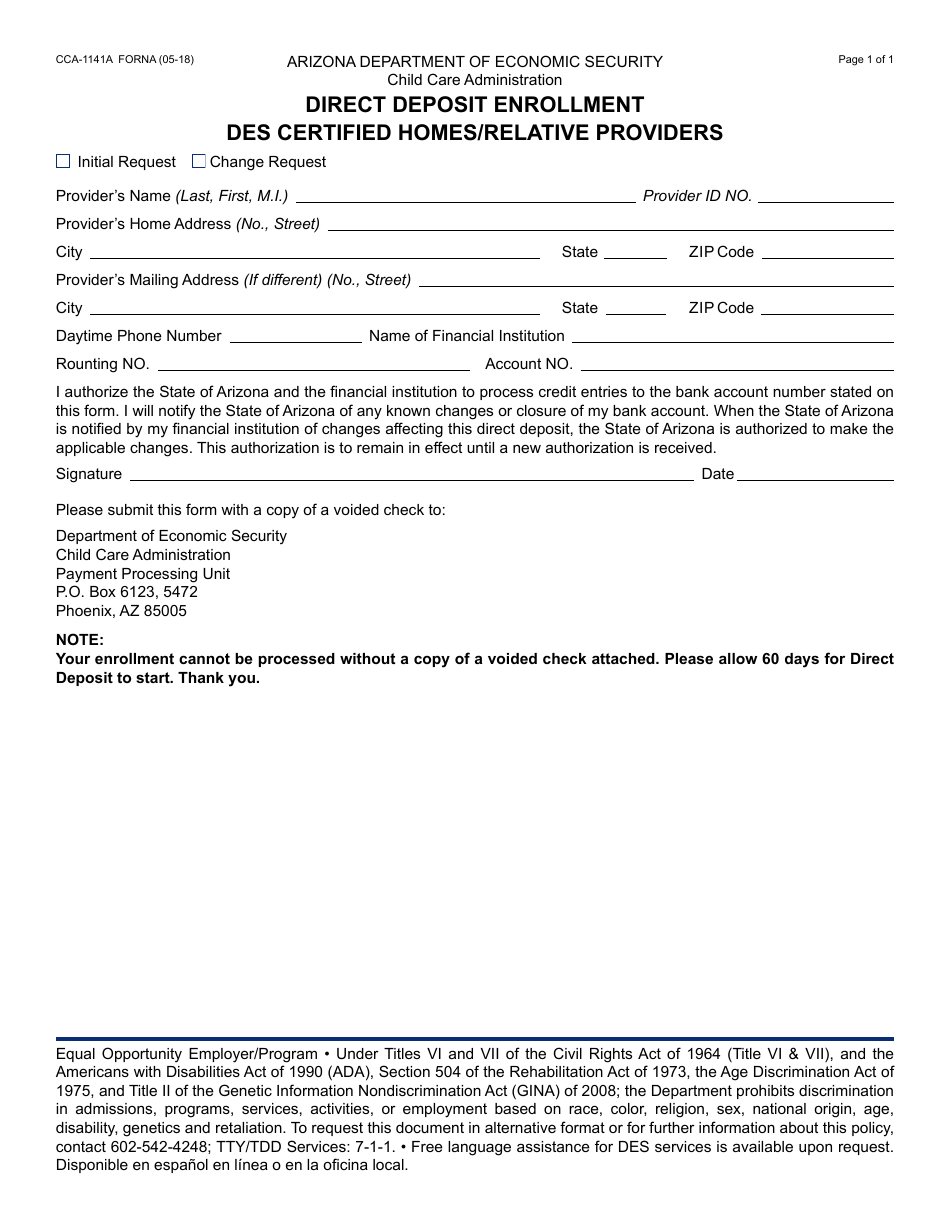 Form CCA-1141A FORNA Direct Deposit Enrollment - DES Certified Homes / Relative Providers - Arizona, Page 1